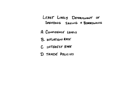 which-is-the-least-likely-determinant-of-the-level-of-spending-saving-and-borrowing-in-an-economy-a-consumer-confidence-levels-b-inflation-rates-c-interest-rates-d-trade-policies