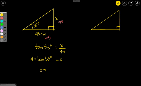 a-rght-triangle-has-an-angle-that-measures-55-the-leg-adjacent-t0-this-angle-has-ienglh-of-43-cm-what-is-the-length-of-the-other-leg-of-the-triangle-round-to-the-nearest-tenth-the-hypotenuse-31614