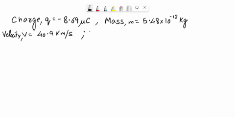 as-shown-in-the-figure-a-particle-of-charge-q-869-uc-and-a-mass-of-m-548-x-10-12-kg-has-a-velocity-of-v-409-kms-as-it-enters-a-region-of-uniform-magnetic-field-the-particle-travels-in-the-se-62856