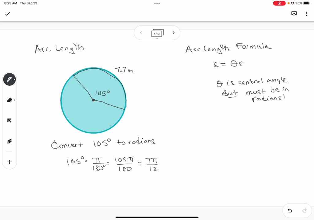 SOLVED: The arc length of a sector of a circular patio is 7.7 meters ...