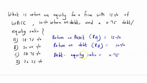 what-is-the-return-on-equity-for-a-firm-with-15-of-wacc-10-return-on-debt-and-a-75-debtequity-ratio-1875-2000-2375-2625-48666