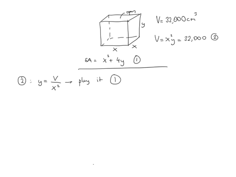 a-box-with-a-square-base-and-open-top-must-have-a-volume-of-32000-cm3-find-the-dimensions-of-the-box-that-minimize-the-amount-of-material-used-36848