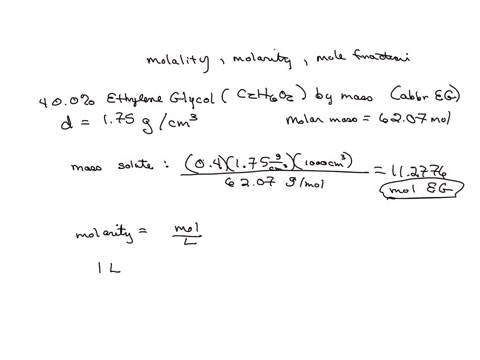 an-aqueous-antifreeze-solution-is-400-ethylene-glycol-c2h6o2-by-mass-the-density-of-the-solution-is-175-gcm3-calculate-the-molality-molarity-and-mole-fraction-of-the-ethylene-glycol-73071