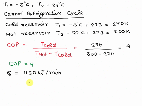 2-a-carnot-refrigeration-cycle-absorbs-heat-at-3c-and-rejects-heat-at-27c-calculate-the-coefficient-of-performance-of-this-refrigeration-cycle-if-the-cycle-is-absorbing-1130-kjmin-determine-27258