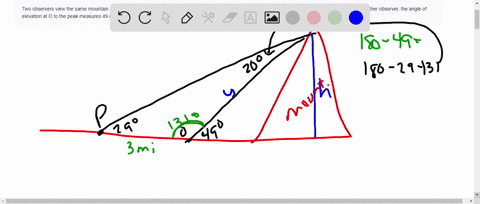 two-observers-view-the-same-mountain-peak-from-two-points-on-level-ground-and-3-miles-apart-the-angle-of-elevation-at-p-to-the-peak-is-29-degrees-for-the-other-observer-the-angle-of-elevatio-60675