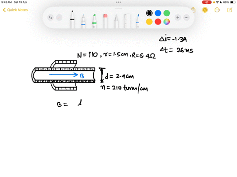 in-the-figure-a-110-turn-coil-of-radius-15-mathrmcm-and-resistance-64-omega-is-coaxial-with-a-solenoid-of-210-turnscm-and-diameter-24-mathrmcm-the-solenoid-current-drops-from-13-a-to-zero-in-time-inte