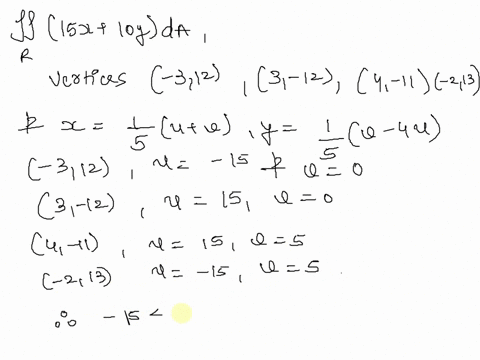 use-the-given-transformation-to-evaluate-the-integral-double-integral-15x10y-da-where-r-is-the-parallelogram-with-vertices-3-12-3-12-4-11-and-2-13-x15uv-y15v-4u-03222