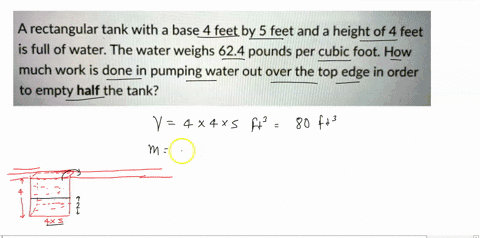 a-rectangular-tank-with-a-base-4-feet-by-5-feet-and-a-height-of-4-feet-is-full-of-water-the-water-weighs-624-pounds-per-cubic-foot-how-much-work-is-done-in-pumping-water-out-over-the-top-edg-42787