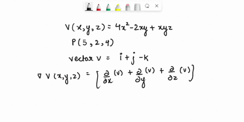 suppose-that-over-a-certain-region-of-space-the-electrical-potential-v-is-given-by-the-following-equation-vx-y-z-4x2-2xy-xyz-a-find-the-rate-of-change-of-the-potential-at-p5-2-4-in-the-direc-34038