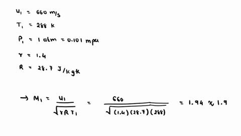 consider-a-normal-shock-wave-in-air-where-the-upstream-flow-properties-are-u1-660-ms-t1-288-k-and-p11-atm-calculate-the-velocity-temperature-and-pressure-downstream-of-the-shock-56207