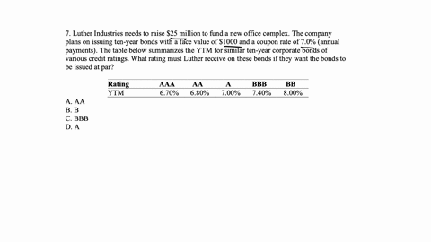 7-luther-industries-needs-to-raise-25-million-to-fund-a-new-office-complex-the-company-plans-on-issuing-ten-year-bonds-with-a-face-value-of-1000-and-a-coupon-rate-of-70-annual-payments-the-table-below