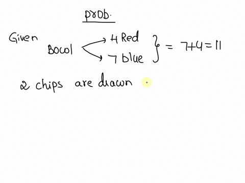 a-bowl-contains-four-red-chips-and-seven-blue-chips-two-chips-are-drawn-successively-at-random-and-without-replacement-calculate-the-probability-that-the-first-chip-drawn-is-red-and-the-seco-37287