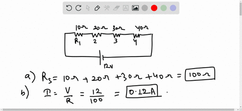 for-the-circuit-shown-r1-10-w-r2-20-w-r3-30-w-r4-40-w-and-v-12-volts-find-a-the-equivalent-resistance-b-the-total-current-c-the-voltage-drop-across-each-resistor-d-the-current-passing-throug-51682