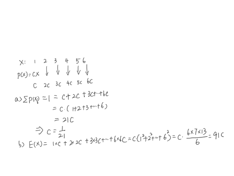 suppose-the-random-variable-has-possible-values-1-2-3-4-5-6-and-that-the-probability-mass-function-is-given-by-px-cx-for-x-1-2-3-4-5-6-0-otherwise-a-find-the-value-of-c-that-makes-px-a-valid-pmf-b-com