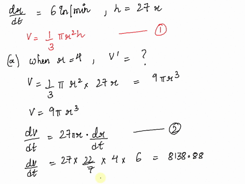 the-formula-for-the-volume-of-a-cone-is-given-below-find-the-rate-of-change-of-the-volume-for-each-of-the-radii-given-below-if-drdt-is-6-inches-per-minute-and-h-27r-v-13r2h-a-r-4-in-v-in3min-64649