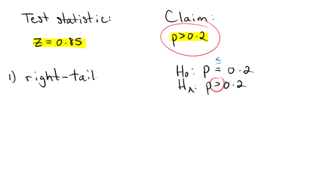 the-test-statistic-of-z-085-is-obtained-when-testing-the-claim-that-p-02-identify-the-hypothesis-test-as-being-two-tailed-left-tailed-right-tailed-find-the-p-value-using-significance-level-o-88721