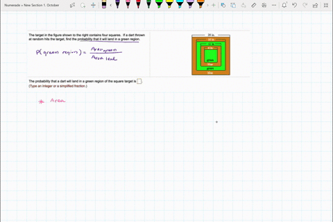 the-target-in-the-figure-shown-to-the-right-contains-four-squares-if-a-dart-thrown-at-random-hits-the-target-find-the-probability-that-it-will-land-in-a-green-region_-20-in-16-in-12-in-4ina-73091