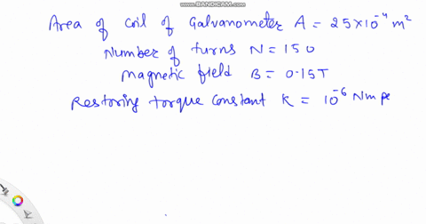 the-coil-area-of-a-galvanometer-is-25-10-4m-2-it-consists-of-150-turns-of-a-wire-and-is-in-a-magnetic-field-of-015-t-the-restoring-torque-constant-of-the-suspension-fibre-is-10-6nm-per-degre-52072