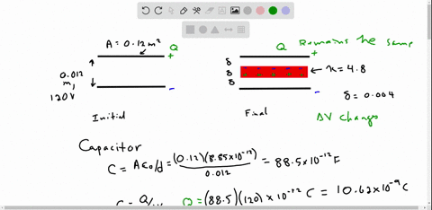 a-parallel-plate-capacitor-has-plates-of-area-012-mathrmm2-and-a-separation-of-12-mathrmcm-a-battery-charges-the-plates-to-a-potential-difference-of-120-mathrmv-and-is-then-disconnected-a-dielectric-2