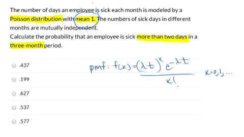 the-number-of-days-an-employee-is-sick-each-month-is-modeled-by-a-poisson-distribution-with-mean-1-the-numbers-of-sick-days-in-different-months-are-mutually-independent-calculate-the-probabi-72128
