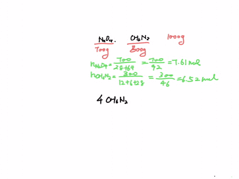 an-early-trial-of-spacexs-draco-thruster-used-a-two-component-fuel-mixture-with-700-g-n2o4-per-kg-for-this-reaction-4-ch6n2-5-n2o4-12-h2o-4-co2-9-n2-what-is-the-unburned-reactant-and-its-mass-for-ea-2