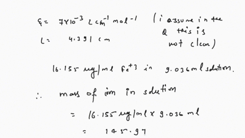 at-580-nm-which-is-the-wavelength-of-its-maximum-absorption-the-complex-fescn2-has-a-molar-absorptivity-of-700-x103-l-cm1-mol1-a-9036-ml-aliquot-of-solution-that-contains-16155-gml-ironiii-a-29044