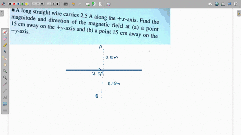 a-long-straight-wire-carries-25-a-tagnitude-and-direction-of-the-along-the-x-axis-find-the-15-cm-away-on-the-magnetic-field-at-ty-axis-and-b-a-point-s-a-j-axis-point-cm-away-on-the-35463