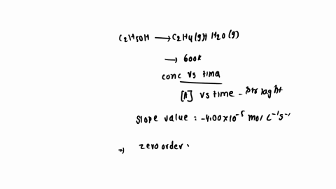 1the-decomposition-of-ethanol-on-an-alumina-surface-was-studied-at-600-k-a-plot-of-a-vs-time-resulted-in-a-straight-line-with-a-slope-of-400x-10-5-molls-c2h5ohgc2h4-g-h2o-g-a-determine-the-r-40024