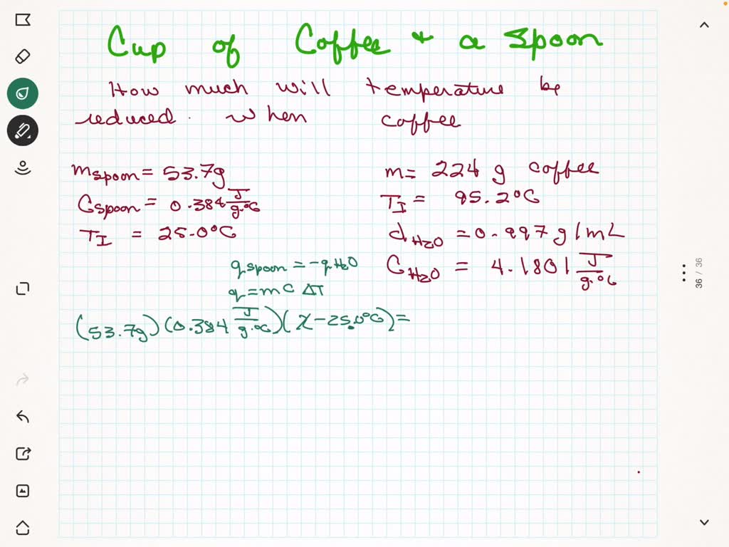 SOLVED: How much will the temperature of a cup (180 g) of coffee at 95 ^ C  be reduced when a 45 g silver spoon (specific heat 0.24 J / g^∘C )