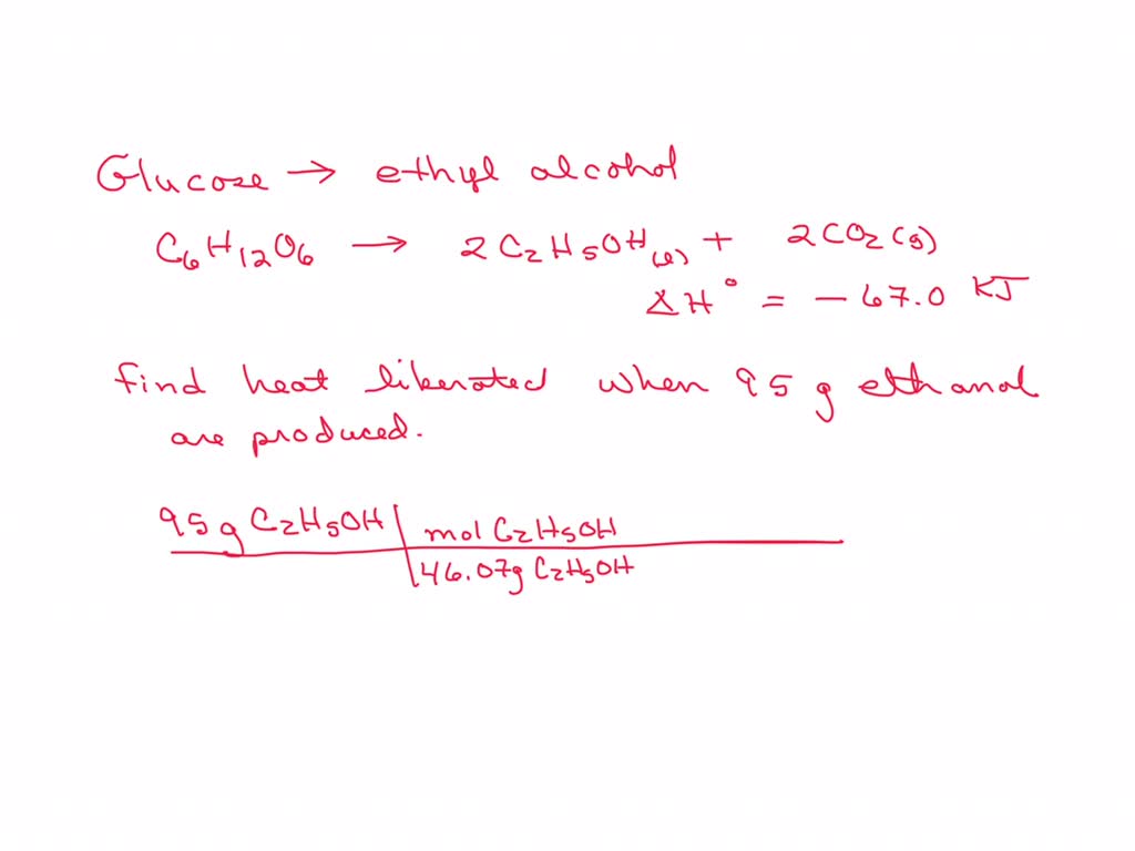 SOLVED: Glucose, C6H12O6, is converted into ethyl alcohol, C2H5OH (l), in  the fermentation of fruit juice to produce: C6H12O6 â† 2C2H5OH (l) + 2CO2  âˆ†H = -67.0 kJ What quantity of heat