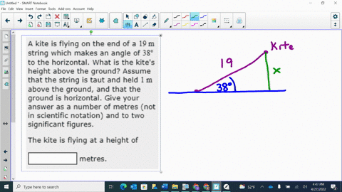 kite-is-flying-on-the-end-of-a-19-m-string-which-makes-an-angle-of-332-to-tne-horizontal-what-is-the-kites-height-above-the-ground-assume-that-the-string-is-taut-and-held-bove-the-ground_-an-21805
