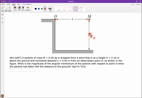 8c11p97-particle-of-mass-m-030-kg-is-dropped-from-point-that-is-at-height-h-210-m-above-the-ground-and-horizontal-distance-050-m-from-an-observation-point-0-as-shown-in-the-figure-what-is-th-13562