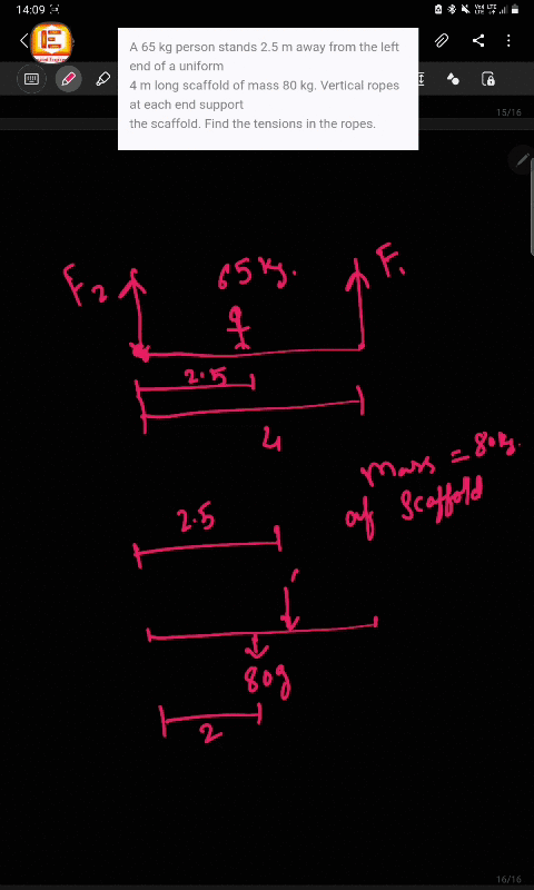 a-65-kg-person-stands-25-m-away-from-the-left-end-of-a-uniform-4-m-long-scaffold-of-mass-80-kg-vertical-ropes-at-each-end-support-the-scaffold-find-the-tensions-in-the-ropes-53357
