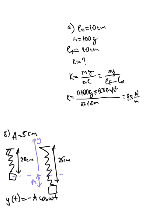 a-a-spring-has-an-unstretched-length-of-10-cm_-100-g-mass-is-addedand-the-spring-stretches-total-length-of-20-cm-where-the-mass-rests-at-equilibrium-what-is-the-spring-constant-b-now-the-sam-38086