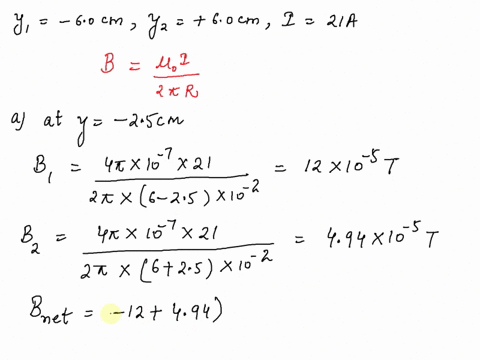 the-figure-below-shows-two-long-straight-wires-in-the-xy-plane-and-paralle-to-the-axis-one-wire-is-at-y-60-cm-and-the-other-wire-is-at-y-6-cm_-the-current-in-each-wire-is-21-a-if-the-current-27386