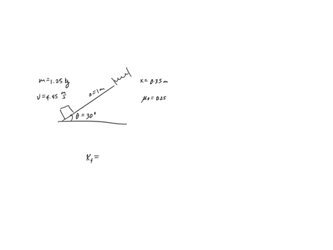 an-object-of-mass-125-kg-at-the-bottom-of-a-ramp-is-given-an-initial-speed-of-445-ms-up-the-300-slope-after-sliding-a-distance-of-100-m-along-the-surface-it-comes-into-contact-with-the-end-o-34952