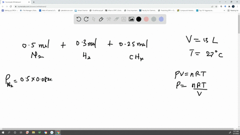 a-gas-mixture-contains-0500-mol-of-n2-0300-mol-of-h2-and-0250-mol-of-ch4-calculate-the-pressure-of-the-gas-mixture-and-the-partial-pressure-of-each-constituent-gas-if-the-mixture-is-in-a-130-11234
