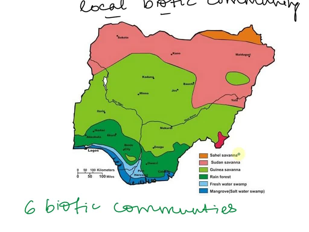 Draw the map of Nigeria showing the local biotic communities in Nigeria.