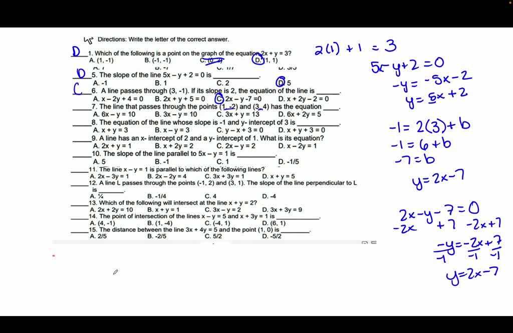 Solved Directions Write The Letter 0i The Correct Answer Which Of The Following Is Point On The Graph Of The Equation 2x A 1 1 B 1 1 C 0 2 D 1 3 Dlj
