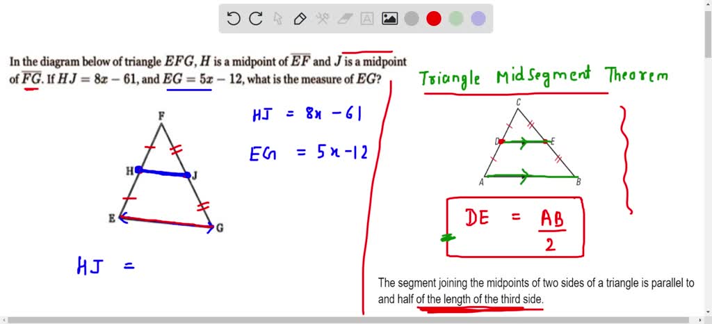 SOLVED: In the diagram below of triangle EFG, H is a midpoint of EF and ...