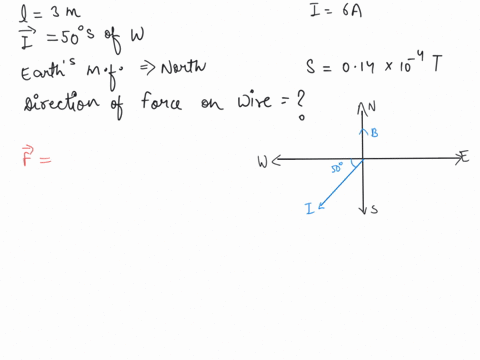 a-horizontal-wire-of-length-30-m-carries-a-current-of-60-a-and-is-oriented-so-that-the-current-direction-is-50-s-of-w-the-earths-magnetic-field-is-due-north-at-this-point-and-has-a-strength-20164
