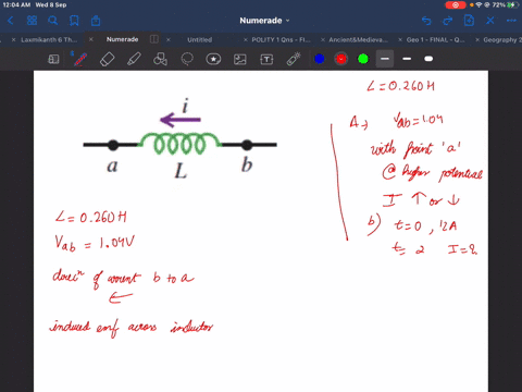 the-inductor-shown-in-fig-e3011-has-inductance-0260-h-and-carries-a-current-in-the-direction-shown-the-current-is-changing-at-a-constant-rate-a-the-potential-between-points-a-and-b-is-v_ab-104-v-wit-2