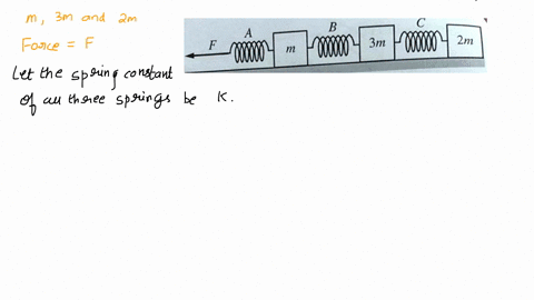 a-2m-3m-m-of-masses-m-3m-and-2m-resting-on-15-three-blocks-frictionless-horizontal-surface-are-connected-to-above-a-force-of-identical-ideal-springs-as-shown-f-directed-to-the-left-is-then-a-60412