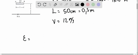a-conducting-bar-moves-as-shown-near-a-long-wire-carrying-a-constant-50-a-current-if-a-40-mm-l-50cm-and-v-12-ms-what-is-the-potential-difference-va-vb