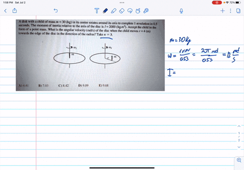 adisk-with-a-child-of-mass-m-30-kg-in-its-center-rotates-around-its-axis-to-complete-revolution-in-05-seconds-the-moment-of-inertia-relative-t0-the-axis-of-the-disc-is-2000-kgm-accept-the-ch-90548