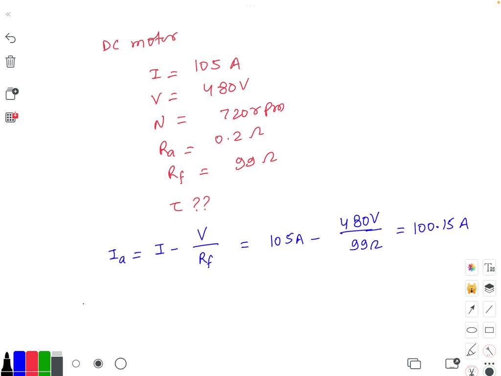 A dc motor takes an armature current of 105 Amps at 480 V when running