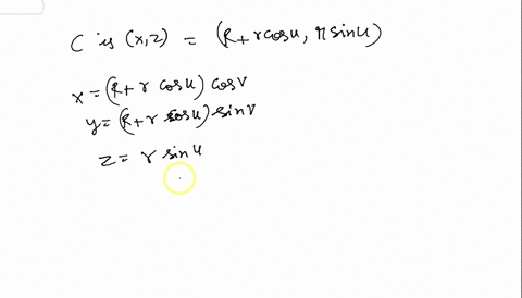 a-torus-of-revolution-doughnut-obtained-by-rotating-circle-c-in-the-xz-plane-about-the-axis-suppose-that-c-has-radius-and-center-r00_-here-r-find-parametrization-ru-v-of-the-torus-specify-th-73085