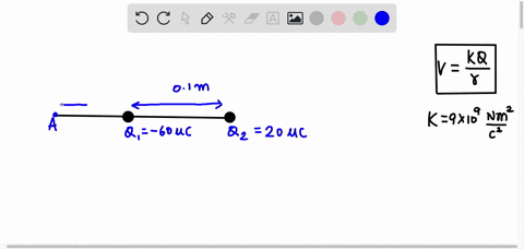 two-point-charges-q1600-c-and-q2200-c-are-separated-by-a-distance-d1100-cm-as-shown-in-the-image-calculate-the-potential-at-point-a-positioned-d2400-cm-to-the-left-of-q1-89934