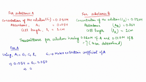 a-solution-containing-0050-m-of-a-substance-a-gives-an-absorbance-equal-to-0054-in-a-1-cm-long-cuvette-a-solution-with-0020-m-of-the-substance-b-gives-the-absorbance-0064-in-the-same-cuvette-67903