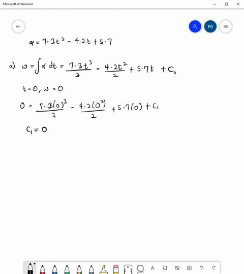 the-angular-acceleration-of-a-wheel-is-alpha-73-t2-42-t-57-in-radss-if-the-wheel-starts-at-rest-and-at-theta-0-determine-the-a-angular-velocity-in-radianss-at-t-5-s-and-b-the-angular-positio-10908